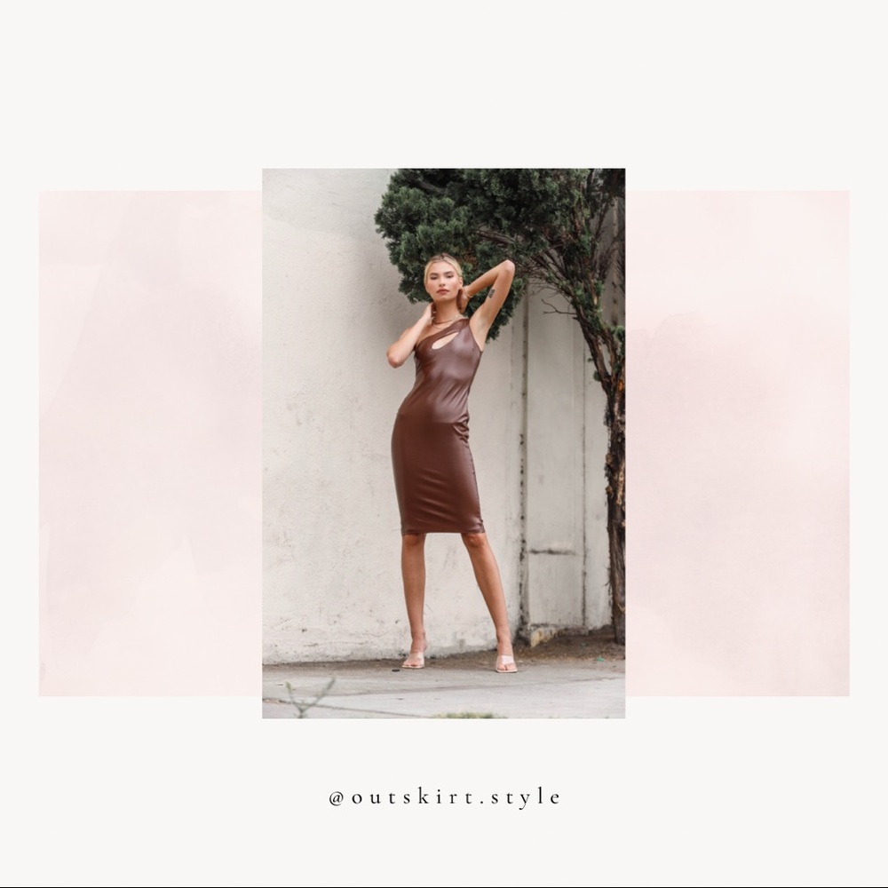 ✨HOST PICK✨ Brown Faux Leather One Shoulder Cut-Out Midi Dress